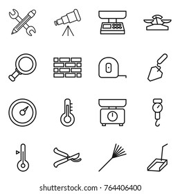 Thin line icon set : pencil wrench, telescope, market scales, magnifier, brick wall, measuring tape, construction, barometer, thermometer, kitchen, handle, pruner, rake, scoop