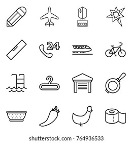 Thin line icon set : pencil, plane, crystall memory, bang, level, phone 24, train, bike, pool, hanger, garage, pan, colander, hot pepper, chicken, toilet paper