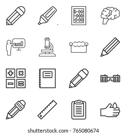 Thin line icon set : pencil, marker, abacus, brain, presentation, microscope, electrostatic, calculator, copybook, school, ruler, clipboard, acid