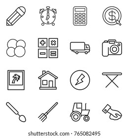 Thin line icon set : pencil, alarm clock, calculator, dollar arrow, atom core, shipping, camera, photo, home, electricity, iron board, big spoon, fork, tractor, wiping