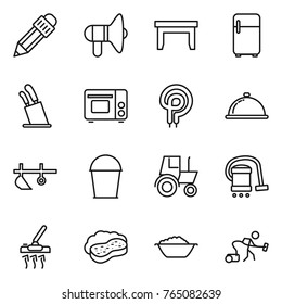 Thin line icon set : pencil, loudspeaker, table, fridge, stands for knives, grill oven, elecric, meal cap, plow, bucket, tractor, vacuum cleaner, sponge with foam, basin