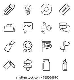 Thin line icon set : pencil, bulb, circle diagram, sale, shopping bag, message, satellite, discussion, label, medal, shop signboard, signpost, bank, toilet cleanser