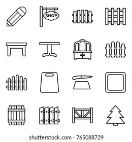 Thin line icon set : pencil, shop signboard, fence, pallet, table, dresser, cutting board, barrel, farm, spruce