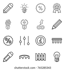 Thin line icon set : pencil, bulb, percent, medal, brain, infinity power, equalizer, info, bridge, fence