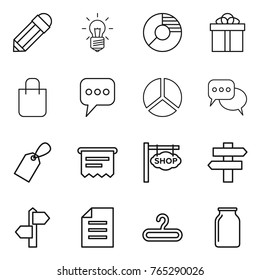 Thin line icon set : pencil, bulb, circle diagram, gift, shopping bag, message, discussion, label, atm receipt, shop signboard, singlepost, signpost, document, hanger, bank