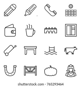 Thin line icon set : pencil, marker, phone, sun power, wallet, hot drink, bridge, window, suitcase, table, pool, cow, horseshoe, farm fence, pumpkin, cleaner