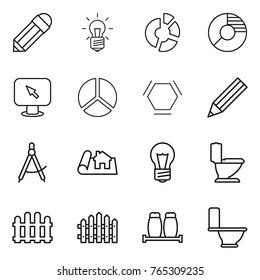 Thin line icon set : pencil, bulb, circle diagram, monitor arrow, hex molecule, draw compass, project, toilet, fence, salt pepper