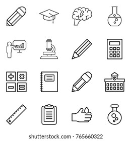 Thin line icon set : pencil, graduate hat, brain, round flask, presentation, microscope, calculator, copybook, university, ruler, clipboard, acid, chemical