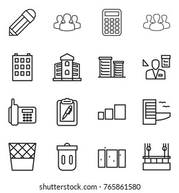Thin line icon set : pencil, group, calculator, building, district, architector, phone, clipboard pen, sorting, hotel, trash bin, clean window, skysrcapers cleaning