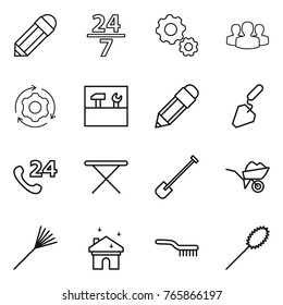 Thin line icon set : pencil, 24 7, gear, group, around, tools, construction, phone, iron board, shovel, wheelbarrow, rake, house cleaning, brush, duster