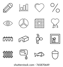 Thin line icon set : pencil, graph, heart, percent, eye, diagram, cpu, cardio chip, bridge, warehouse, satellite, flower in window, radiator, mixer, fish, acorn