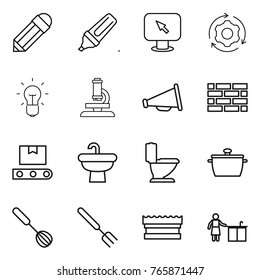 Thin line icon set : pencil, marker, monitor arrow, around gear, bulb, microscope, loudspeaker, brick wall, transporter tape, sink, toilet, pan, whisk, big fork, sponge, kitchen cleaning