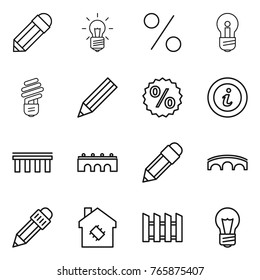 Thin line icon set : pencil, bulb, percent, info, bridge, smart house, fence