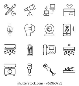 Thin line icon set : pencil wrench, telescope, notebook connect, tap to pay, smart watch, virtual mask, web cam, mobile, air conditioning, remote control, intercome, kitchen scales, handle, blender