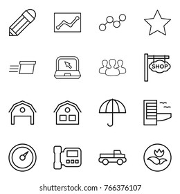 Thin line icon set : pencil, statistics, graph, star, delivery, notebook, group, shop signboard, barn, house, dry cargo, hotel, barometer, intercome, pickup, ecology