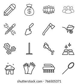 Thin line icon set : pencil, money bag, team, group, wrench, construction, axe, wheelbarrow, gears, rake, blower, clean floor, house cleaning, gloves, brush, duster