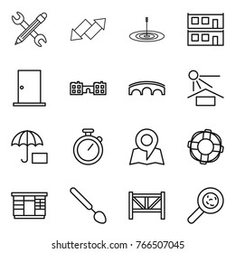Thin line icon set : pencil wrench, up down arrow, target, modular house, door, school, bridge, sun potection, insurance, stopwatch, map, lifebuoy, wardrobe, big spoon, farm fence, viruses