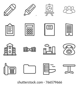 Thin line icon set : pencil, marker, presentation, group, clipboard, calculator, copybook, skyscraper, building, school, city, phone, documents, hotel, table