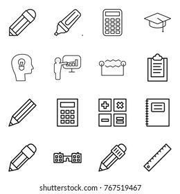 Thin line icon set : pencil, marker, calculator, graduate hat, bulb head, presentation, electrostatic, clipboard, copybook, school, ruler