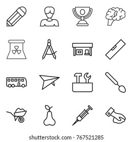 Thin line icon set : pencil, woman, trophy, brain, nuclear power, draw compass, gas station, level, bus, deltaplane, repair tools, big spoon, wheelbarrow, pear, syringe, wiping
