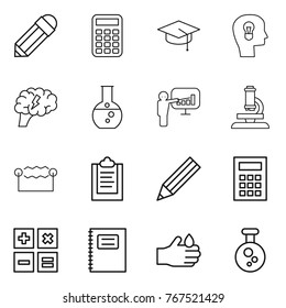 Thin line icon set : pencil, calculator, graduate hat, bulb head, brain, round flask, presentation, microscope, electrostatic, clipboard, copybook, acid, chemical