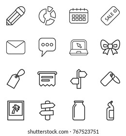 Thin line icon set : pencil, circle diagram, calendar, sale, mail, message, notebook, bow, label, atm receipt, signpost, photo, bank, toilet cleanser