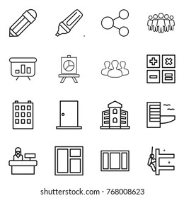 Thin line icon set : pencil, marker, share, team, presentation, group, calculator, building, door, hotel, reception, window, skyscrapers cleaning