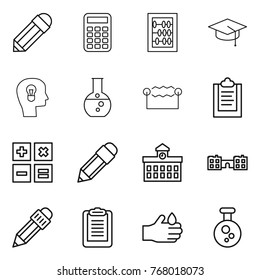Thin line icon set : pencil, calculator, abacus, graduate hat, bulb head, round flask, electrostatic, clipboard, university, school, acid, chemical