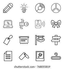 Thin line icon set : pencil, bulb, circle diagram, notebook, satellite, pass card, bow, label, atm receipt, shop signboard, singlepost, document, photo, hanger
