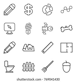 Thin line icon set : pencil, dollar, circle diagram, graph, monitor arrow, bulb, satellite, bone, project, ruler, plan, toilet, fence, fork, acorn