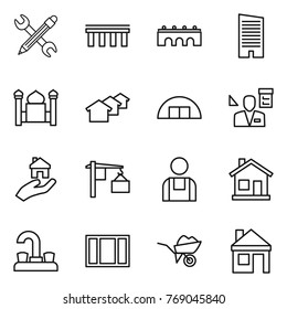 Thin line icon set : pencil wrench, bridge, skyscraper, minaret, houses, hangare, architector, real estate, loading, workman, home, water tap, window, wheelbarrow, house