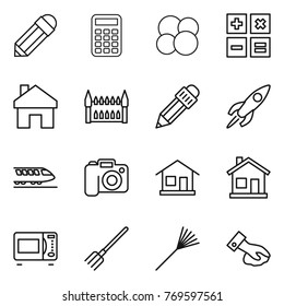 Thin line icon set : pencil, calculator, atom core, home, gothic architecture, rocket, train, camera, microwave oven, fork, rake, wiping