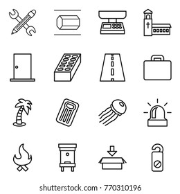 Thin line icon set : pencil wrench, nano tube, market scales, church, door, brick, road, suitcase, palm, inflatable mattress, jellyfish, alarm, fire, hive, package, do not distrub