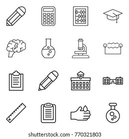 Thin line icon set : pencil, calculator, abacus, graduate hat, brain, round flask, microscope, electrostatic, clipboard, university, school, ruler, acid, chemical