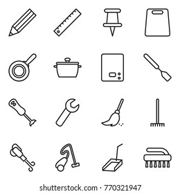 Thin line icon set : pencil, ruler, pin, cutting board, pan, kitchen scales, spatula, blender, wrench, broom, rake, blower, vacuum cleaner, scoop, brush