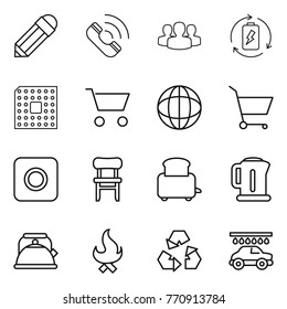 Thin line icon set : pencil, call, group, battery charge, cpu, cart, globe, ring button, chair, toaster, kettle, fire, recycling, car wash