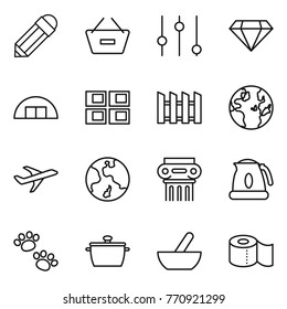Thin line icon set : pencil, remove from basket, equalizer, diamond, hangare, panel house, fence, globe, plane, earth, antique column, kettle, pets, pan, mortar, toilet paper
