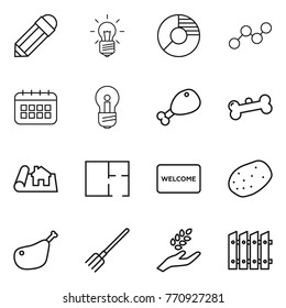 Thin line icon set : pencil, bulb, circle diagram, graph, calendar, chicken leg, bone, project, plan, welcome mat, potato, fork, harvest, fence