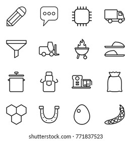 Thin line icon set : pencil, message, chip, delivery, funnel, fork loader, bbq, slippers, pan, apron, food processor, flour, honeycombs, horseshoe, egg, peas