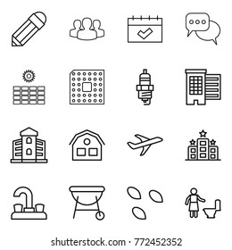Thin line icon set : pencil, group, calendar, discussion, sun power, cpu, spark plug, houses, building, house, plane, hotel, water tap, bbq, seeds, toilet cleaning