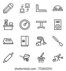 Thin line icon set : pencil, notebook connect, ruler, dome house, customs control, barometer, table, speaker, iron, fridge, vacuum cleaner, spatula, rolling pin, wheelbarrow