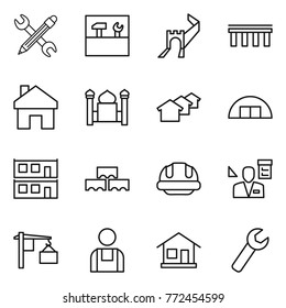 Thin line icon set : pencil wrench, tools, greate wall, bridge, home, minaret, houses, hangare, modular house, block, building helmet, architector, loading, workman
