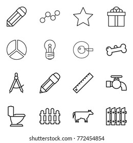 Thin line icon set : pencil, graph, star, gift, diagram, bulb, cell corection, bone, draw compass, ruler, water tap, toilet, fence, cow