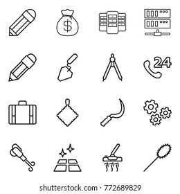 Thin line icon set : pencil, money bag, server, construction, drawing compasses, phone 24, suitcase, rag, sickle, gears, blower, clean floor, vacuum cleaner, duster