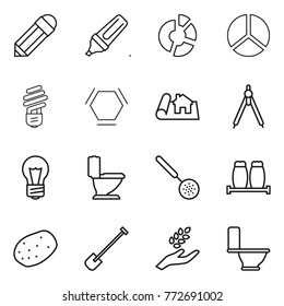 Thin line icon set : pencil, marker, circle diagram, bulb, hex molecule, project, drawing compasses, toilet, skimmer, salt pepper, potato, shovel, harvest