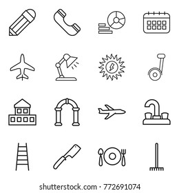 Thin line icon set : pencil, phone, diagram, calendar, plane, table lamp, sun power, segway, cottage, arch, water tap, stairs, chef knife, fork spoon plate, rake