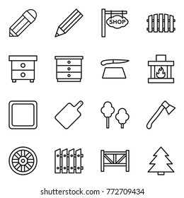 Thin line icon set : pencil, shop signboard, fence, nightstand, chest of drawers, cutting board, fireplace, trees, axe, wheel, farm, spruce