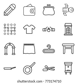 Thin line icon set : pencil, wallet, purse, satellite, chip, t shirt, drawbridge, building, arch, curtain, hanger, stool, pan, scissors, hive