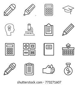 Thin line icon set : pencil, marker, calculator, graduate hat, bulb head, microscope, clipboard, copybook, university, acid, chemical