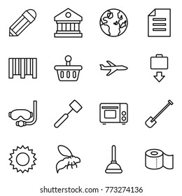 Thin line icon set : pencil, library, globe, document, bar code, basket, plane, baggage get, diving mask, meat hammer, grill oven, shovel, sun, wasp, plunger, toilet paper